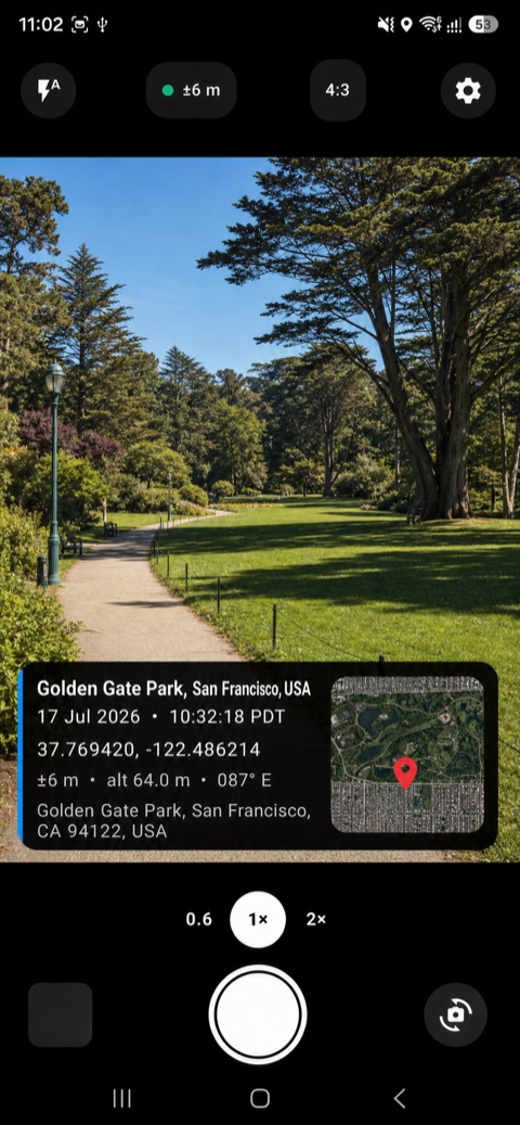 GPS Camera Pro camera screen with GPS photo stamp preview
