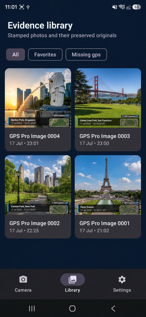 Local GPS Camera Pro library showing saved stamped photos